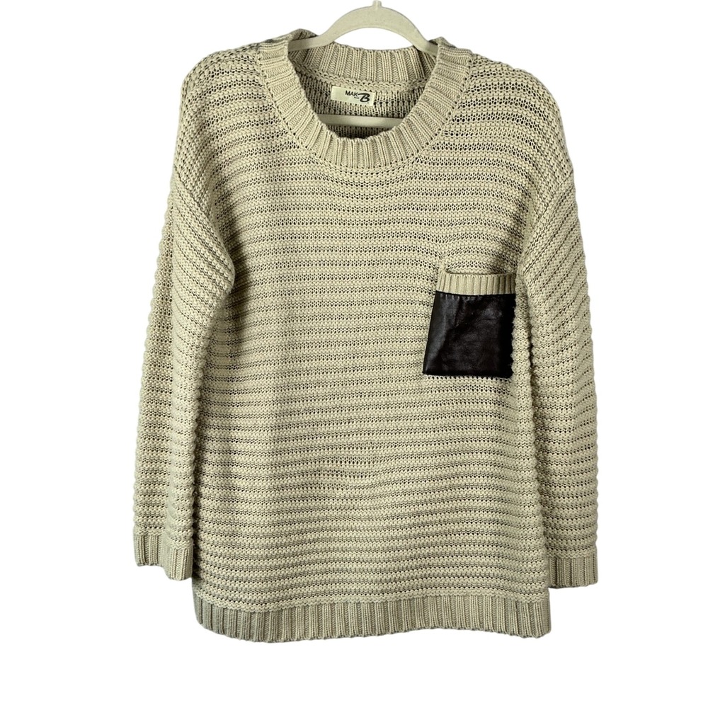 Mak B Beige Chunky Knit Sweater Faux Leather Pocket Crew Neck Pullover